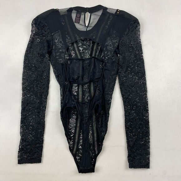 Victorias Secret Black Lace Sheer Thong Bodysuit Shoulder Pads XS Beaded Accents - Picture 4 of 5